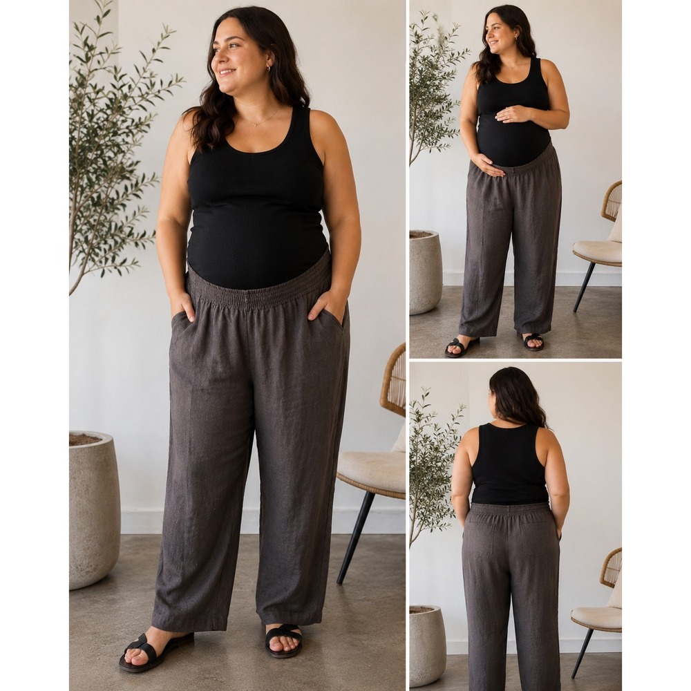 Emme Charcoal Gray 100% Linen Smocked Waist Straight Leg Pants Women 3XL NWT